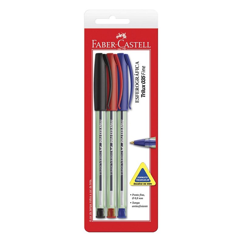 CANETA ESFEROGRAFICA TRILUX PONTA FINA PT/VM/AZ BL.C/03 SM/TRIPF - FABER-CASTELL