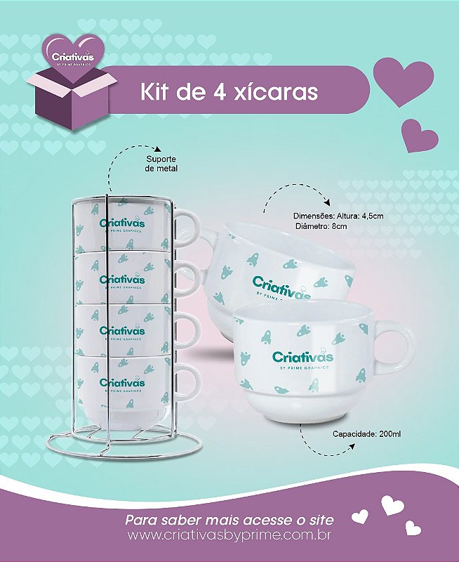 Kit de Xícara Branca 150ml - 04 Peças com Suporte