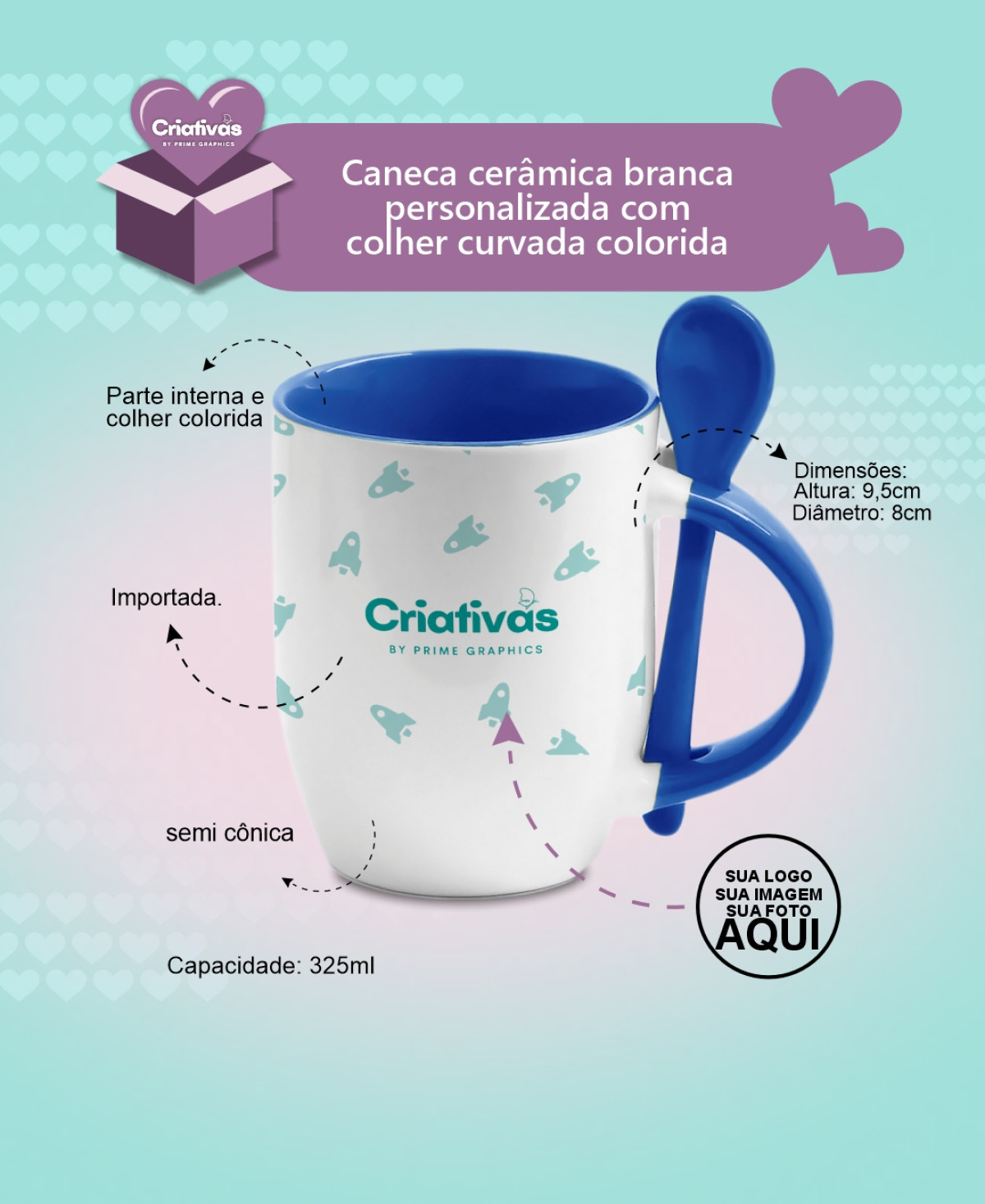 Caneca para Sublimação de Cerâmica Branca com Alça, Interior e Colher Colorido