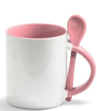 Caneca Reta de Cerâmica Branca com Alça e Colher colorido