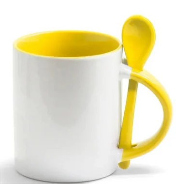 Caneca Reta de Cerâmica Branca com Alça e Colher colorido