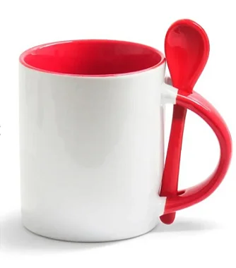 Caneca Reta de Cerâmica Branca com Alça e Colher colorido