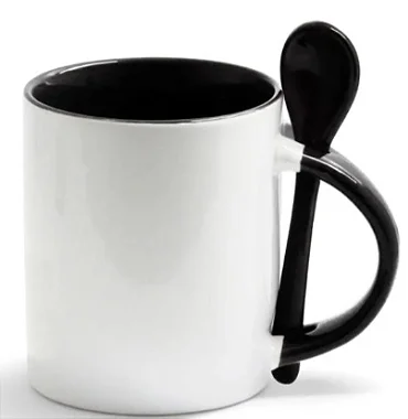 Caneca Reta de Cerâmica Branca com Alça e Colher colorido