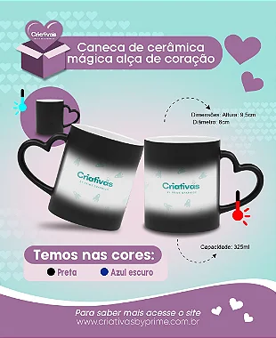 Caneca mágica coração semi brilho preta Porcelana 325ml